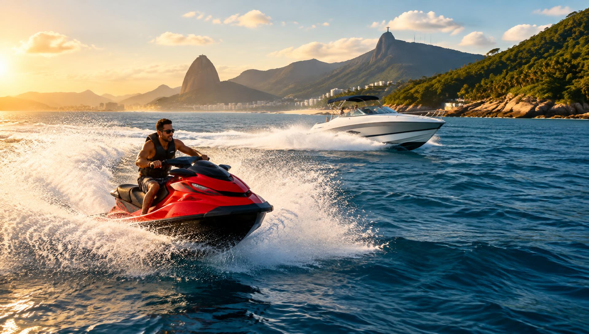 Jet ski navegando sobre águas azuis com lancha ao fundo