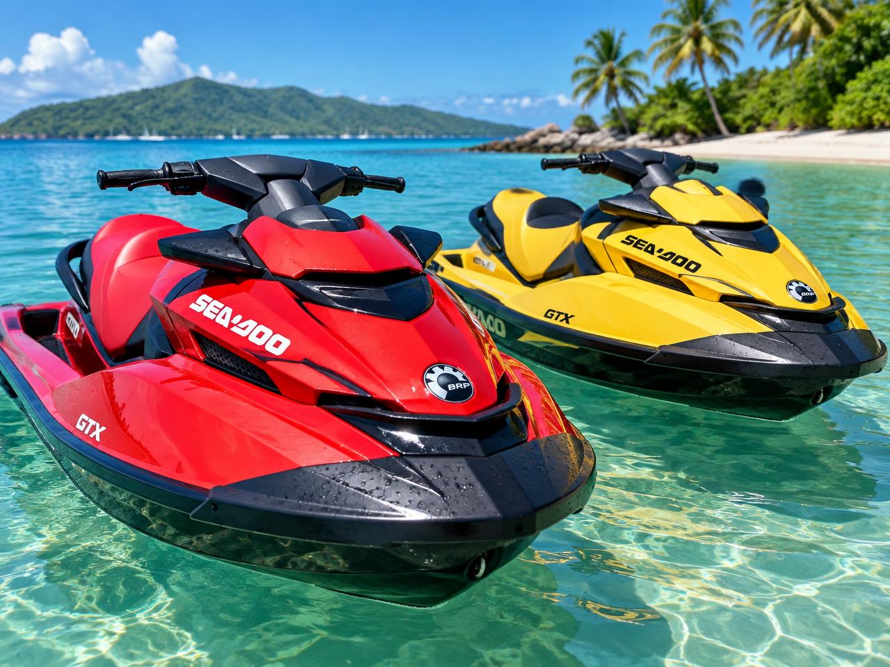 Jet skis vermelho e amarelo na água